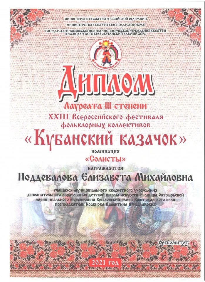 дипломы куб казачок Поддевалова 2021