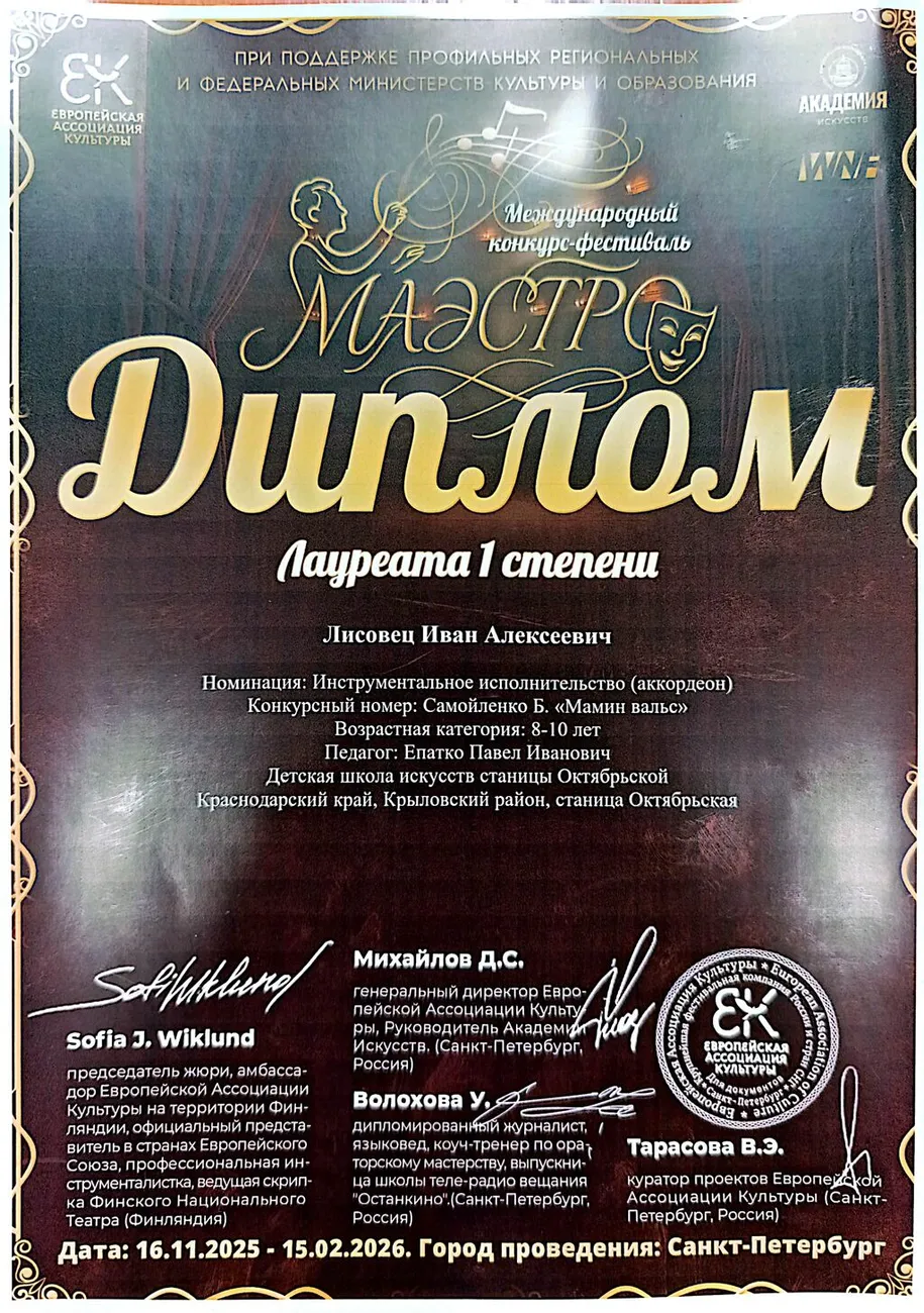 Лисовец диплом Маэстро